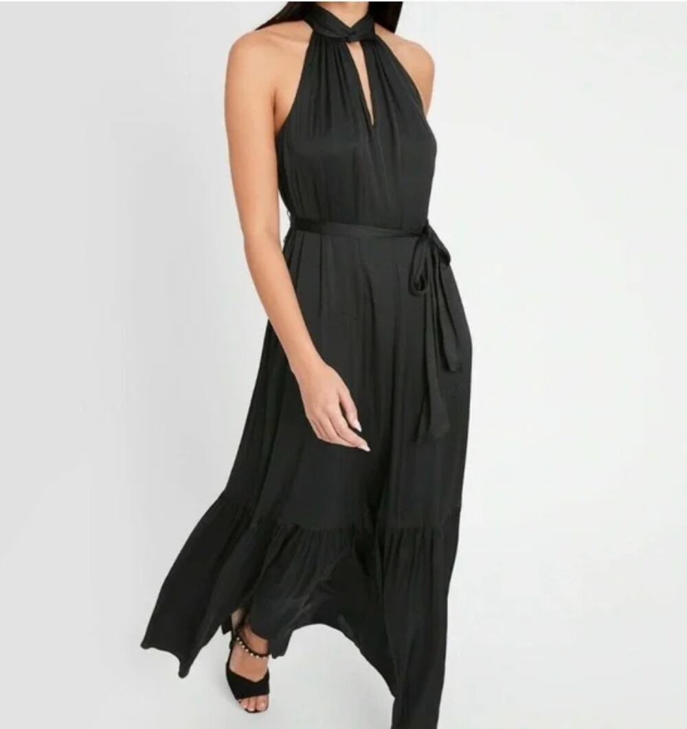 Banana Republic Satin Halter Maxi Dress Womens S Black Twist Neck Flowy Formal